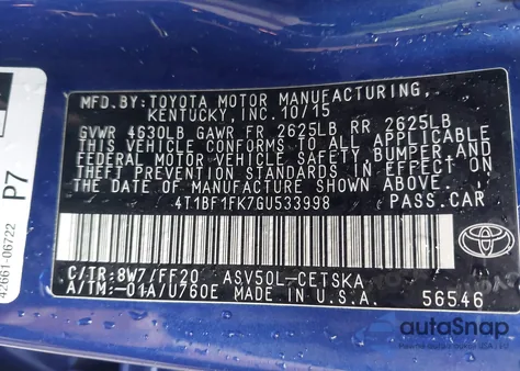 2016 Toyota Camry Se из США, поврежденный, VIN 4T1BF1FK7GU533998